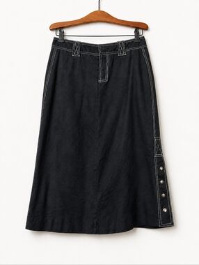 Current Black A-Line Midi Skirt Contrast Stitch Snap Slit Cotton Stretch Size 6